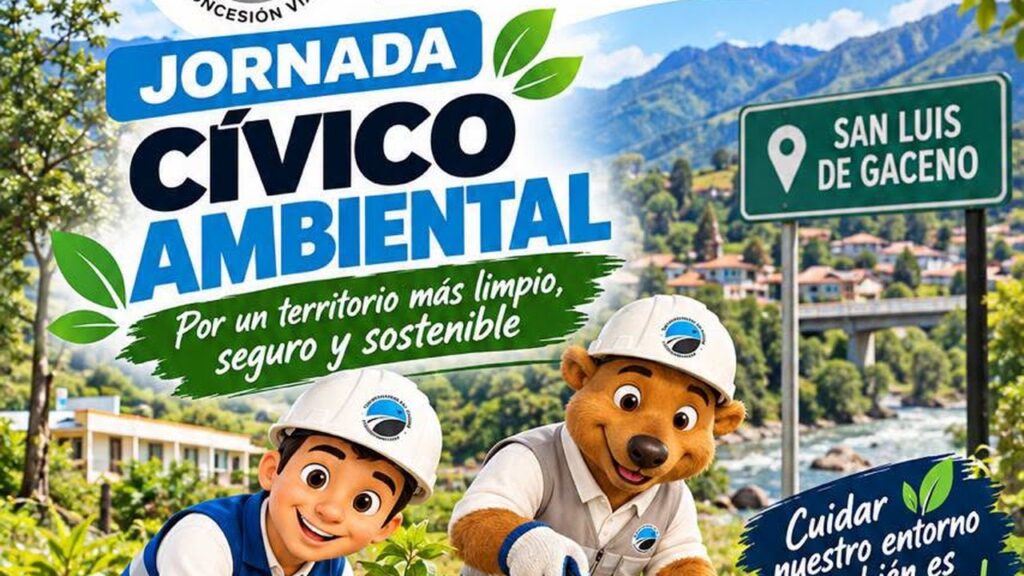Ilustración de un niño y un oso con casco blanco que siembran un árbol y recogen basura junto al letrero de San Luis de Gaceno
