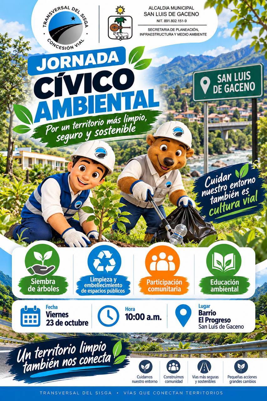 Afiche de la Jornada Cívico-Ambiental: siembra de árboles, limpieza, participación comunitaria y educación ambiental el viernes 23 de octubre a las 10:00 a. m. en el barrio El Progreso