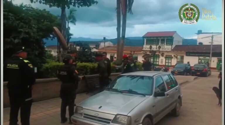 Policías junto a un carro gris en un parque del Valle de Tenza durante un control