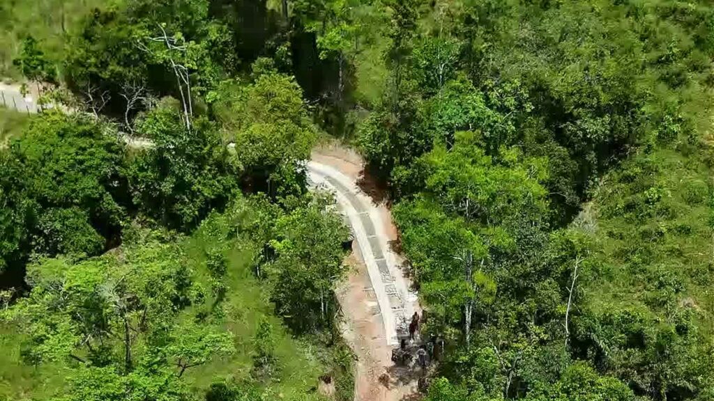 Vista aérea de una placa huella en curva entre el monte, en la vereda Palmeritas de San Luis de Gaceno