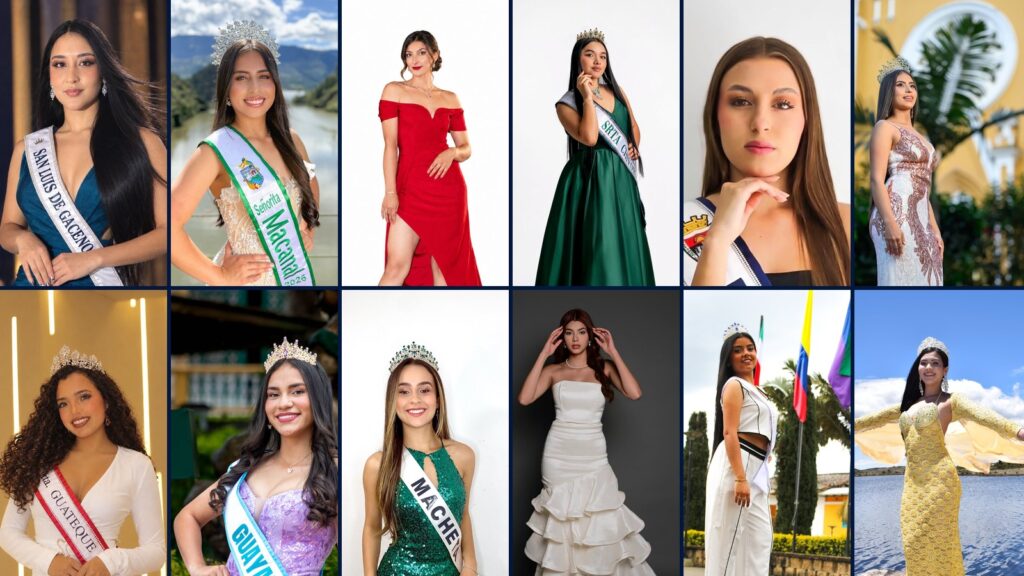 Collage con las fotos oficiales de las 12 candidatas del Reinado del Agua de Macanal 2026; arriba a la izquierda, Greicy Piñeros con la banda de San Luis de Gaceno