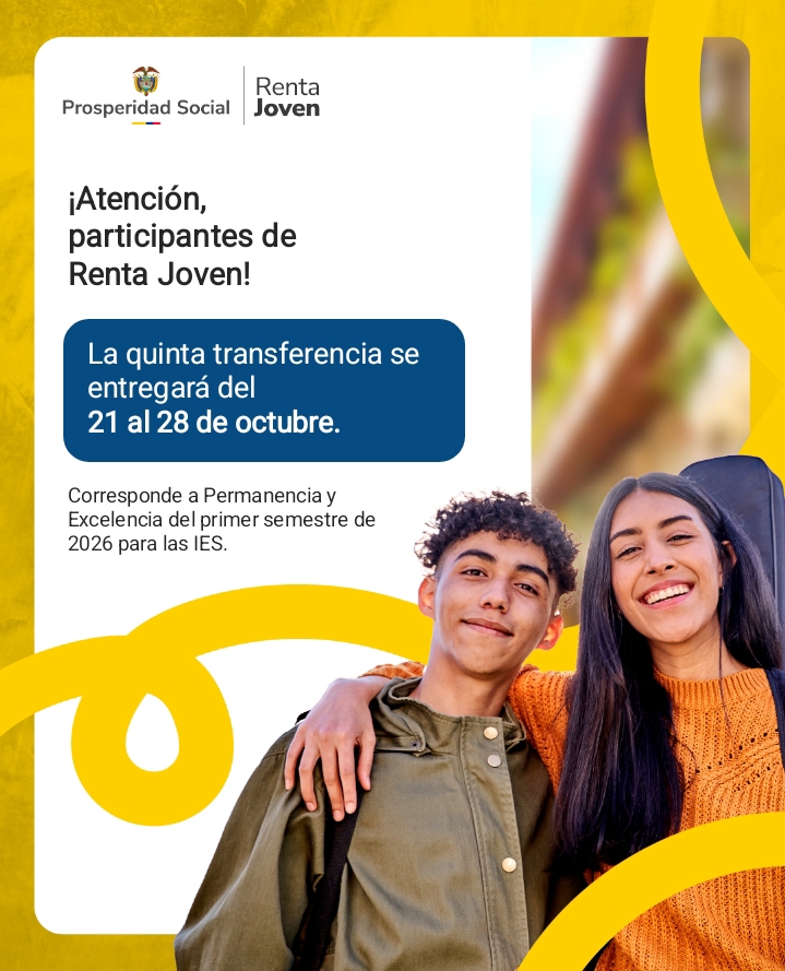 Aviso de Renta Joven con dos jóvenes sonrientes y la fecha de la quinta transferencia