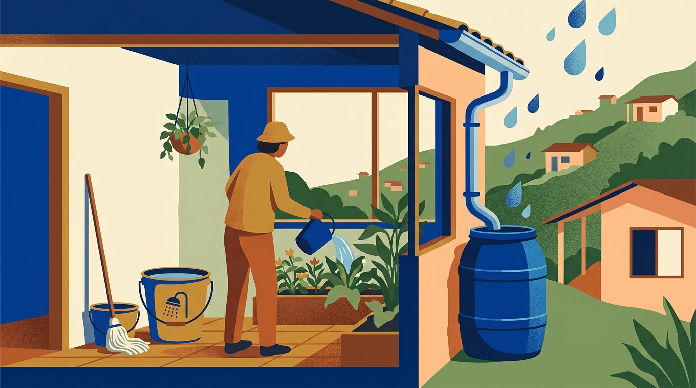 Ilustración de una persona que riega plantas con agua reutilizada y un tanque que recoge lluvia, en referencia a San Luis de Gaceno