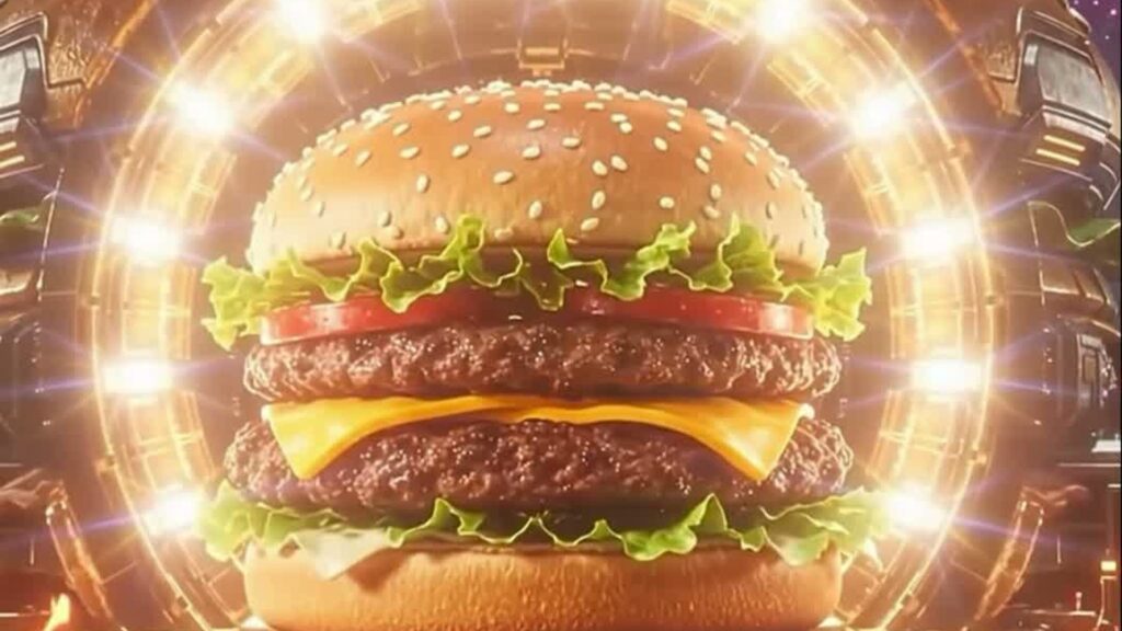 Ilustración de una hamburguesa doble con queso, lechuga y tomate frente a un portal de luces
