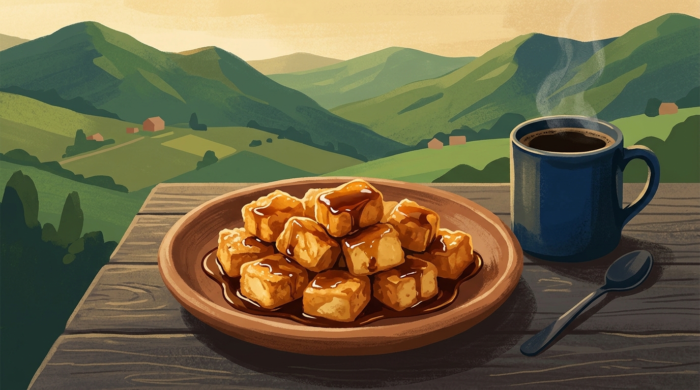 Ilustración de un plato de chicharrón de cuajada con melado de panela y una taza de café