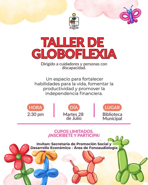 Afiche del taller de globoflexia para cuidadores y personas con discapacidad en San Luis de Gaceno