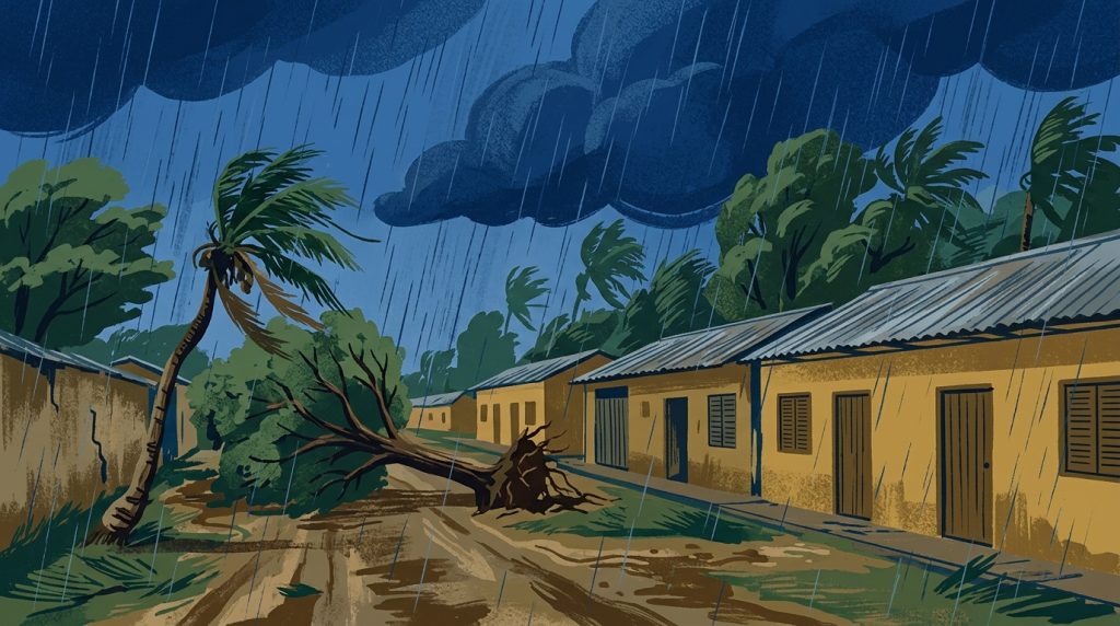 Ilustración de un aguacero con fuertes vientos y un árbol caído en un pueblo del piedemonte, en referencia a las lluvias en Tauramena