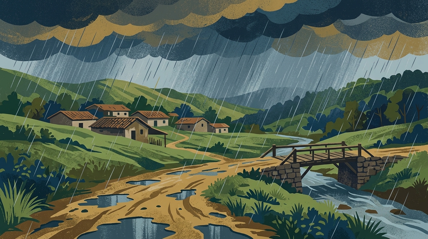 Ilustración de lluvia fuerte sobre un centro poblado del piedemonte, en referencia a las lluvias en Tauramena y Aguaclara