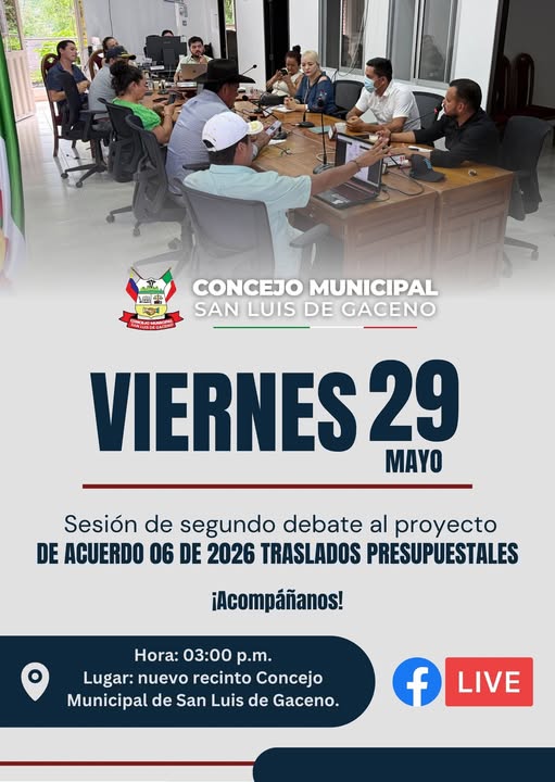 Afiche del Concejo de San Luis de Gaceno sobre el segundo debate de los traslados presupuestales
