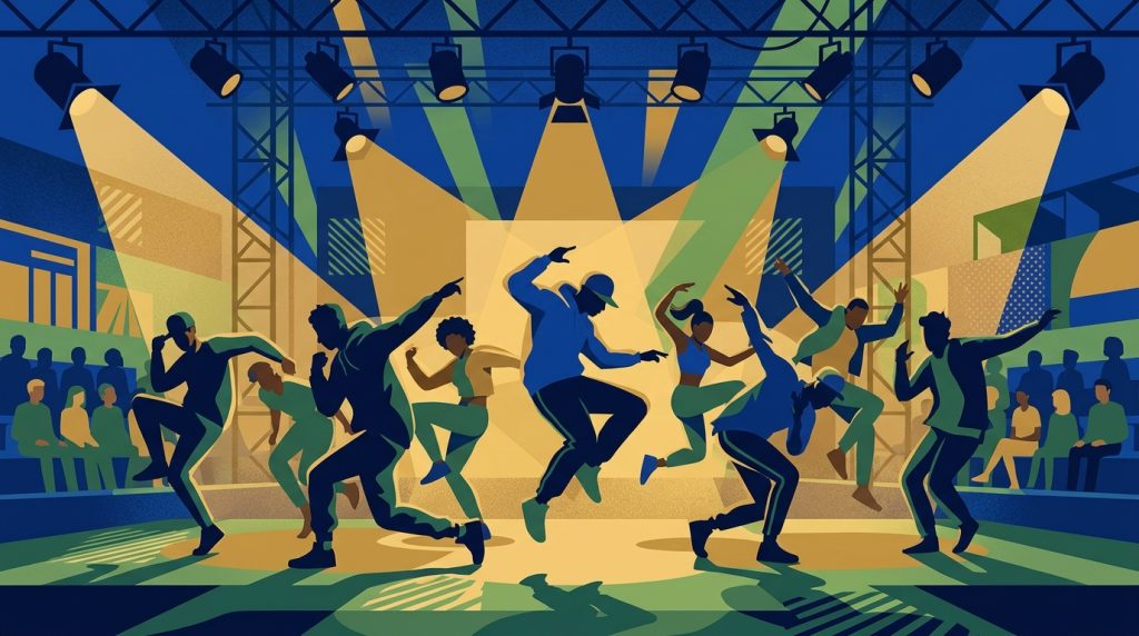 Ilustración de un grupo de danza urbana en una tarima de competencia, como Urban District de Barranca de Upía