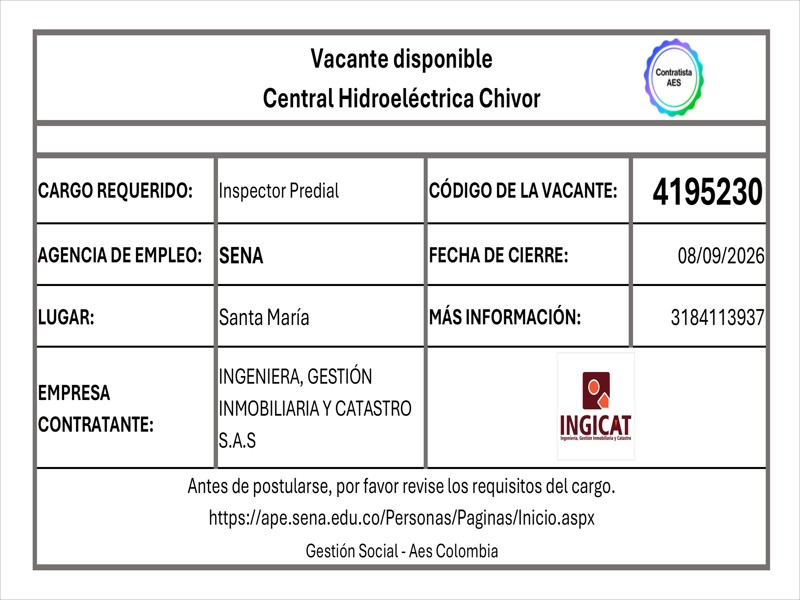 Pieza de la vacante en la Central de Chivor para inspector predial, con el código 4195230, la fecha de cierre y el contacto de Ingicat