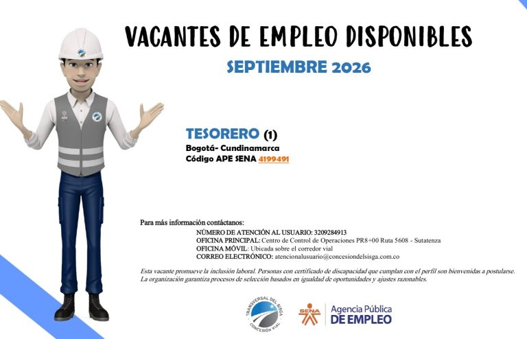 Vacante de tesorero en la Transversal del Sisga: la Concesión publicó el cargo, con sede en Bogotá