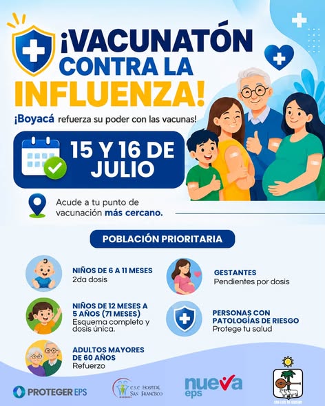 Afiche de la vacunatón contra la influenza del 15 y 16 de julio con la población prioritaria en San Luis de Gaceno