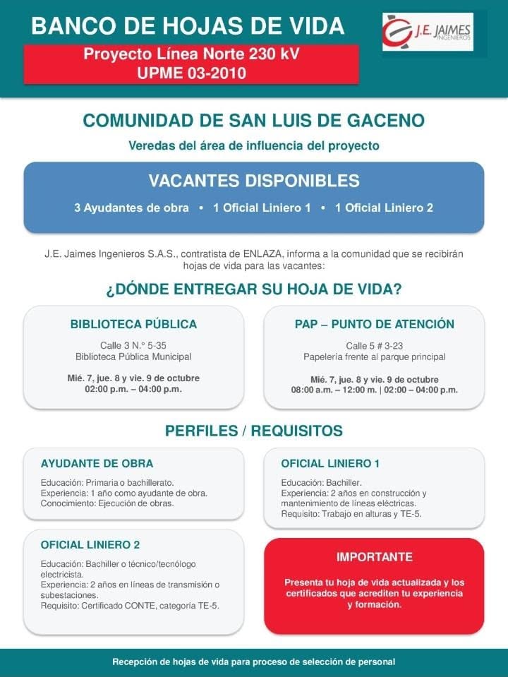 Afiche del banco de hojas de vida de J.E. Jaimes Ingenieros para el proyecto Línea Norte 230 kV en San Luis de Gaceno